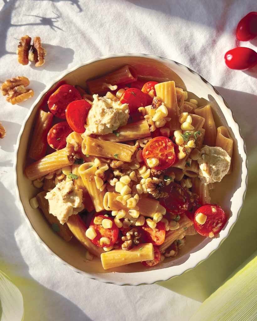 Summer Tomato & Charred Corn Pasta With Sweet & Spicy Ricotta